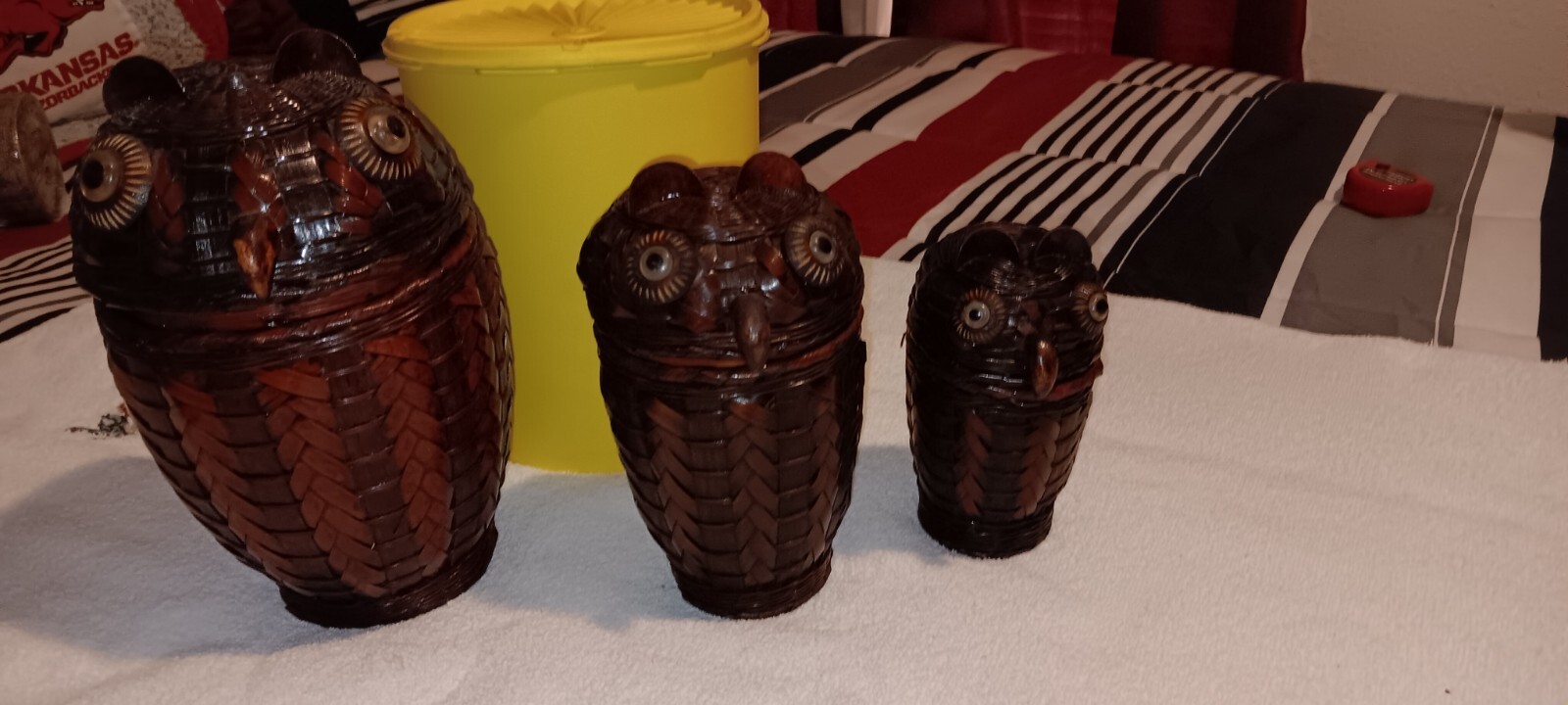 Vintage Owl Nesting Wicker Ratan Baskets LARGE Decor Set
