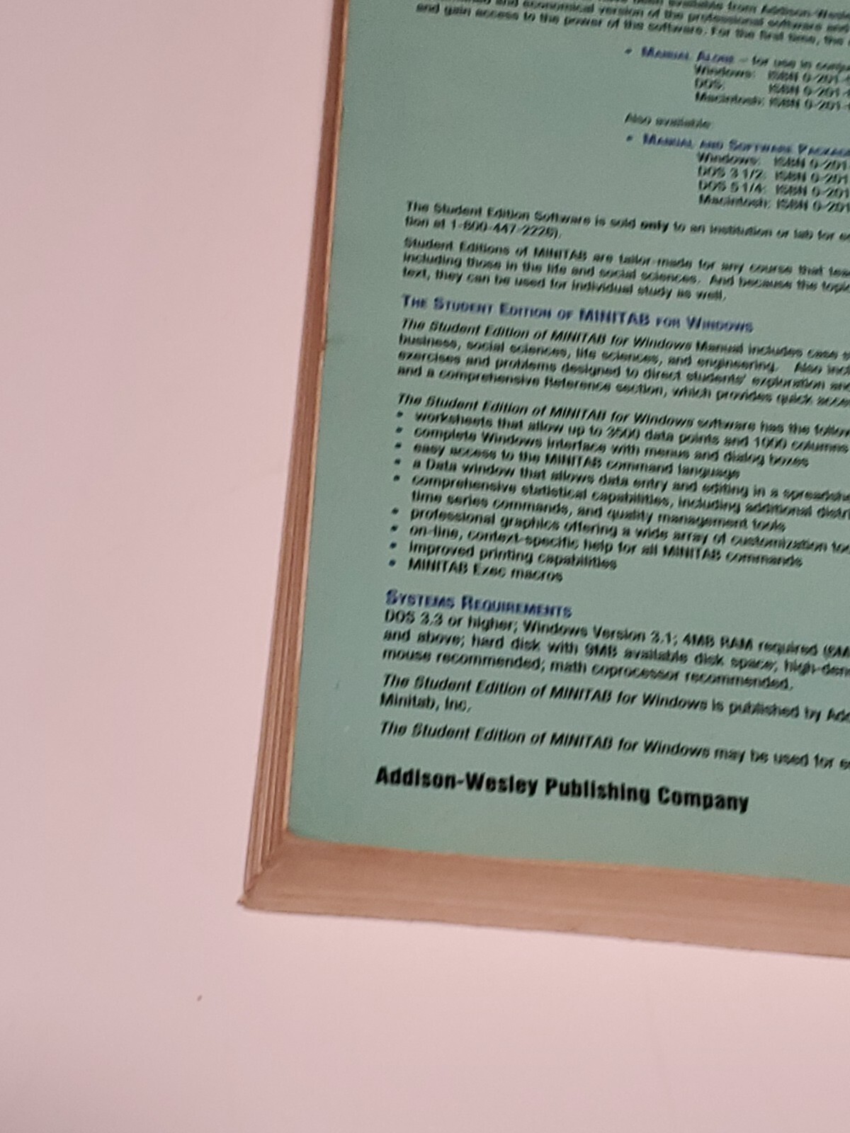 THE STUDENT EDITION OF MINITAB For WINDOWS Statistical Software 3.5 Floppy Book