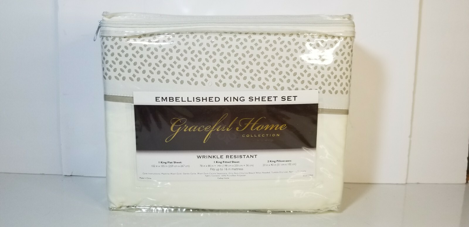 Graceful Home Embellished King Sheet Set Ecru/Tan 4pc Microfiber Wrinkle Resist