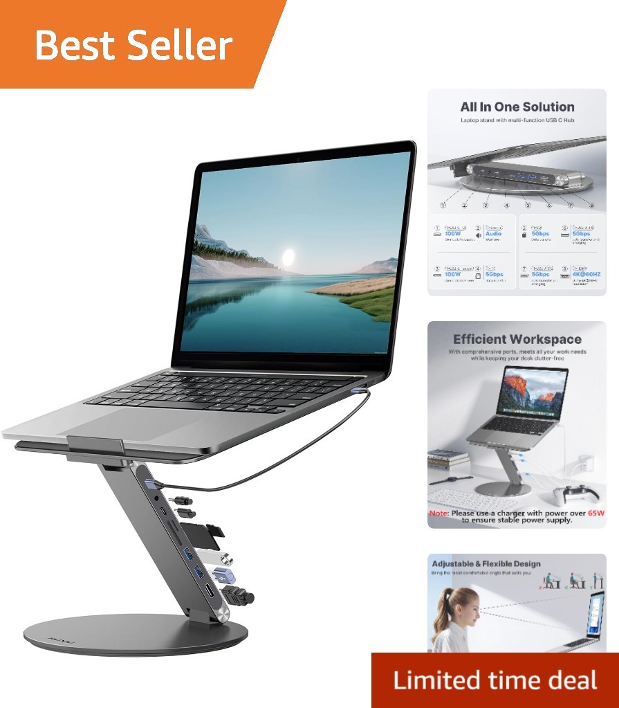 Ergonomic 360° Rotating Laptop Stand - Portable 8-in-1 USB C Hub for All Laptops