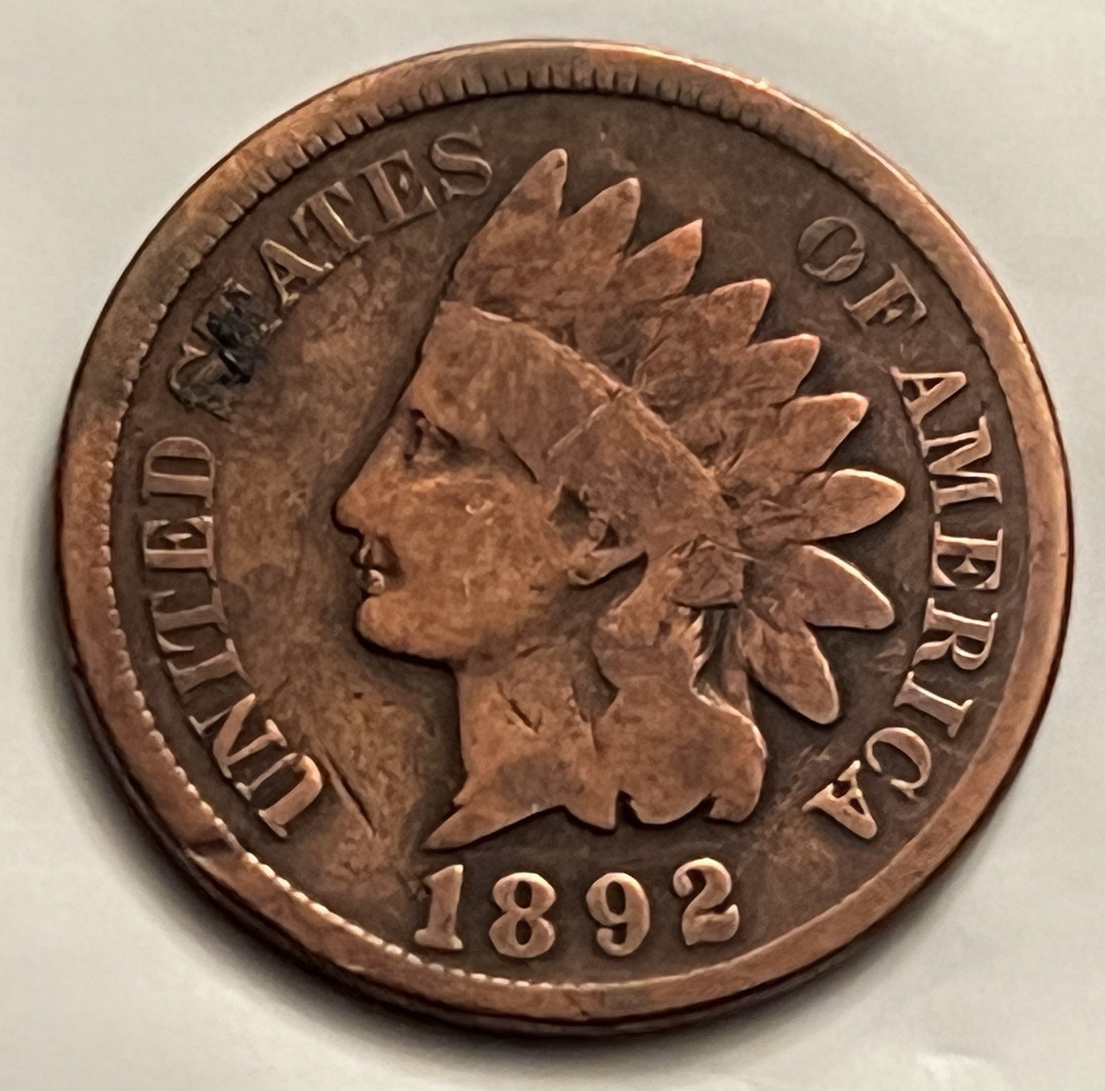 1892 Indian Head Cent Nice Portrait Good Feather Detail Dark Spot Rim BN1778