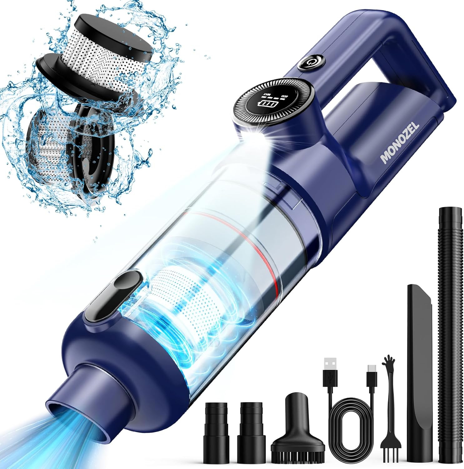 MONOZEL Handheld Vacuum Cordless - Car Vacuum Cleaner with Brushless Motor, 15Kp
