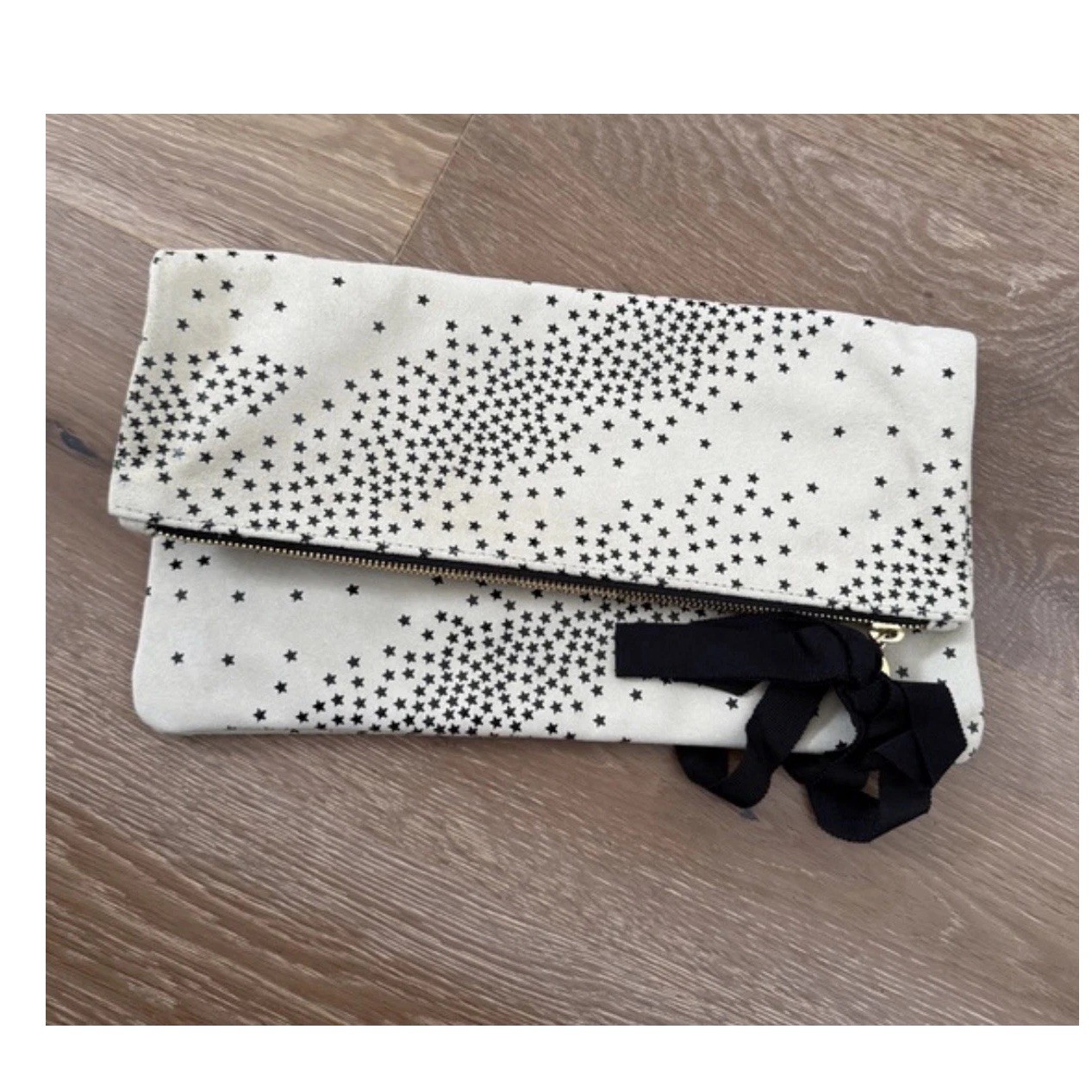 Clare Vivier Star Print Foldover Clutch with Bow, Zip Closure, Beige Black