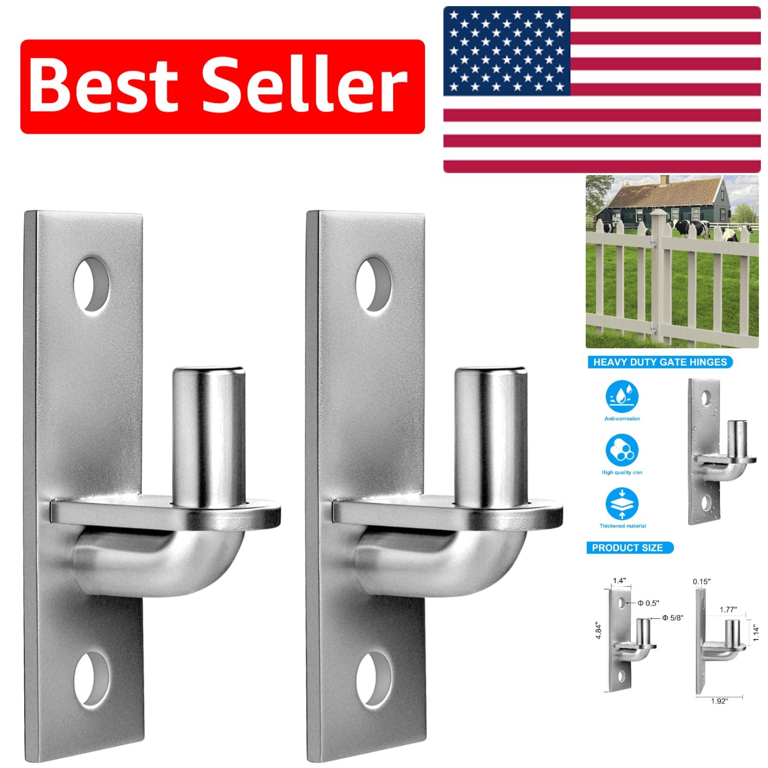 Easy Install Heavy Duty Wall Plate Gate Hinges - 2 Pack for Farm & Chain Link