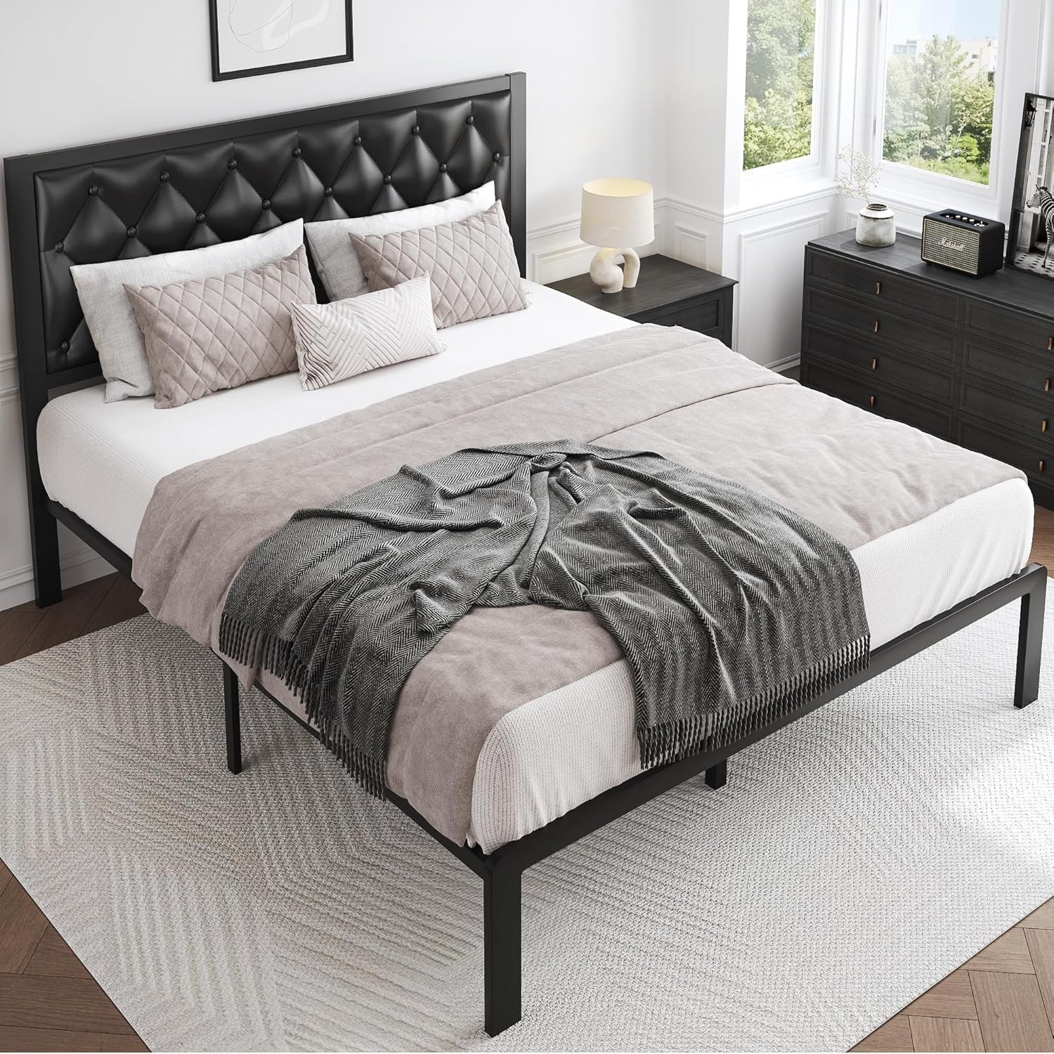 Queen Bed Frame Upholstered Button Tufted Headboard Platform Metal Slats Support