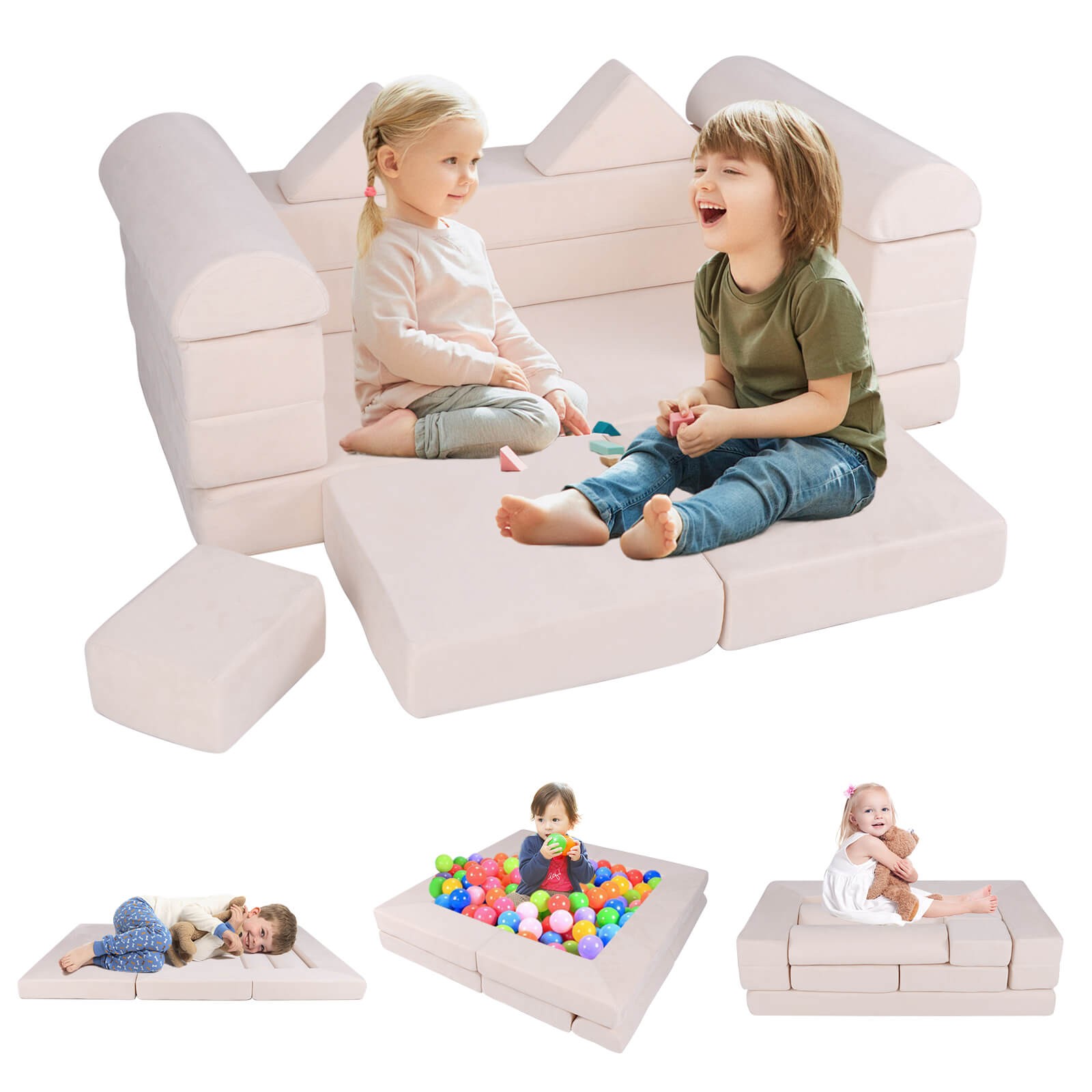Kids Modular Play Couch Play Set w/ Suede Fabric Cover High-Density Foam