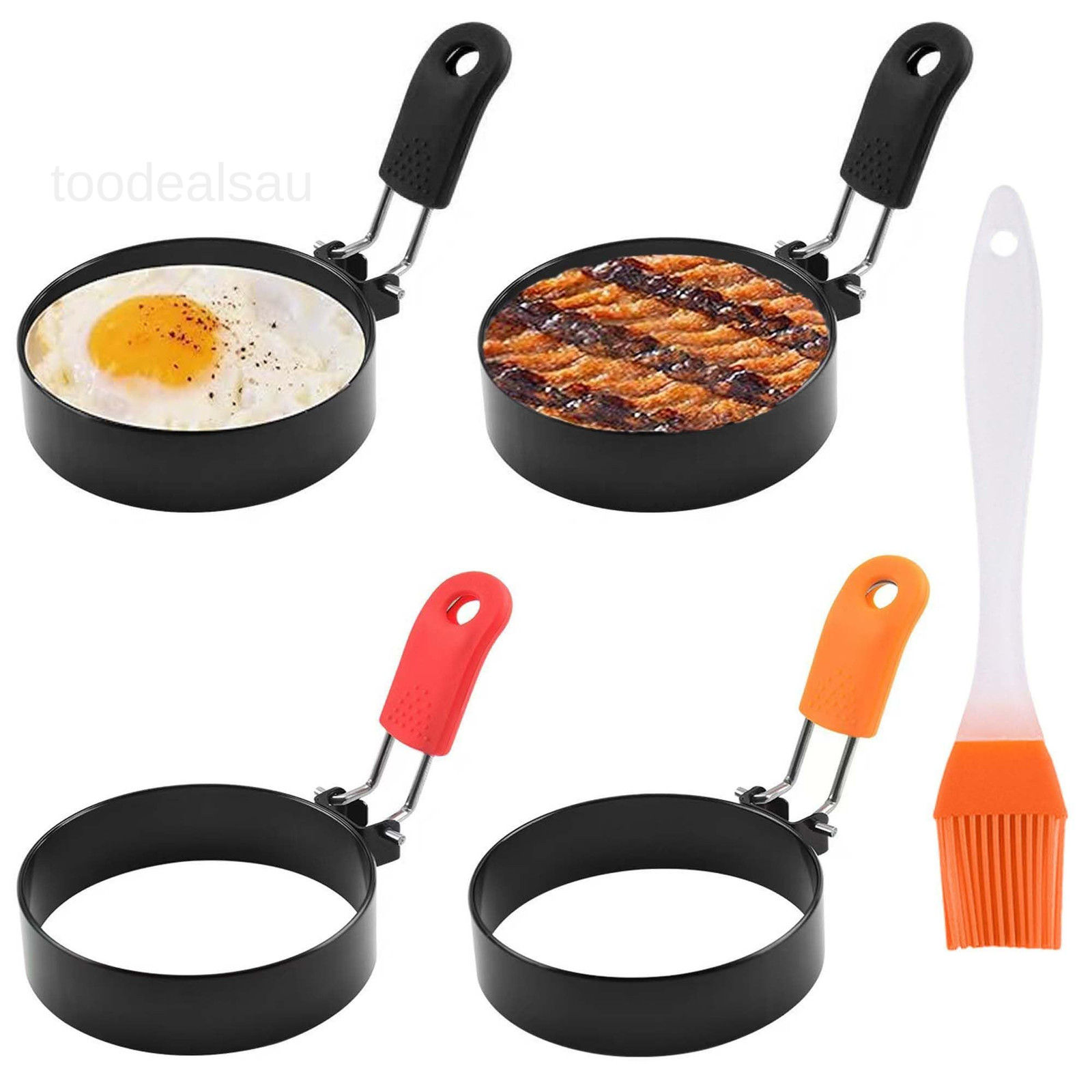 3.5" Nonstick Stainless Steel Egg Rings Set of 4 with Oil Brush, 3.5, Black