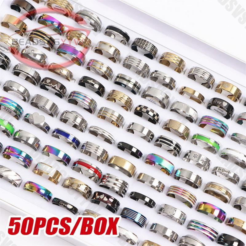 NEW 50pcs Wholesale Bulk Lot Mixed Stainless Steel Rings Men's Women's Band Ring