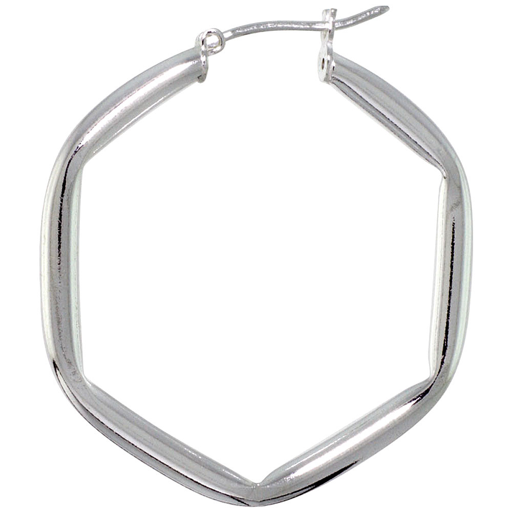 1-5/16" (33mm) Sterling Silver 3mm Tube Hexagon Shaped Hoop Earrings, Made Italy