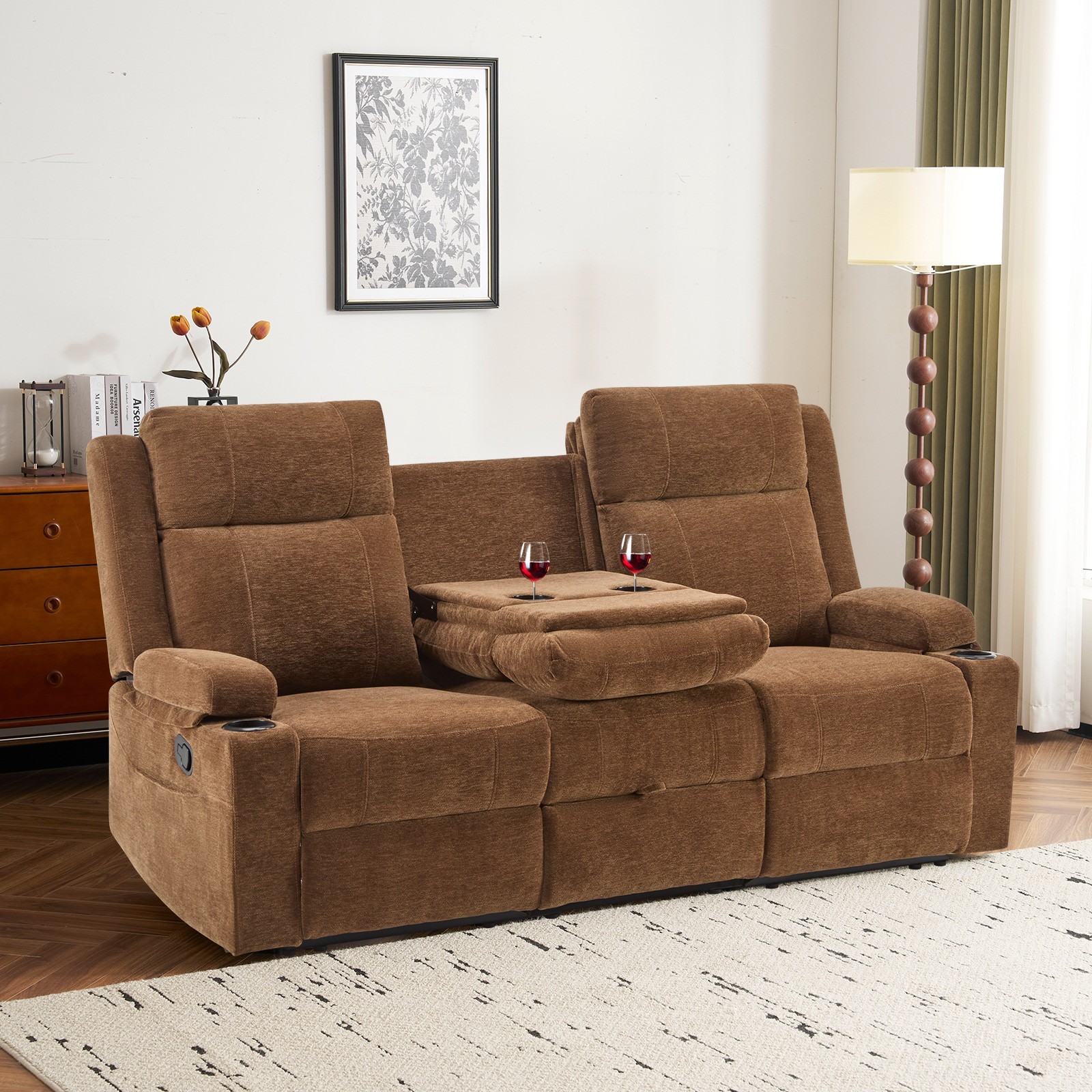 Chenille Reclining Sofa 3-Seater with Convertible Table, Storage Ottoman
