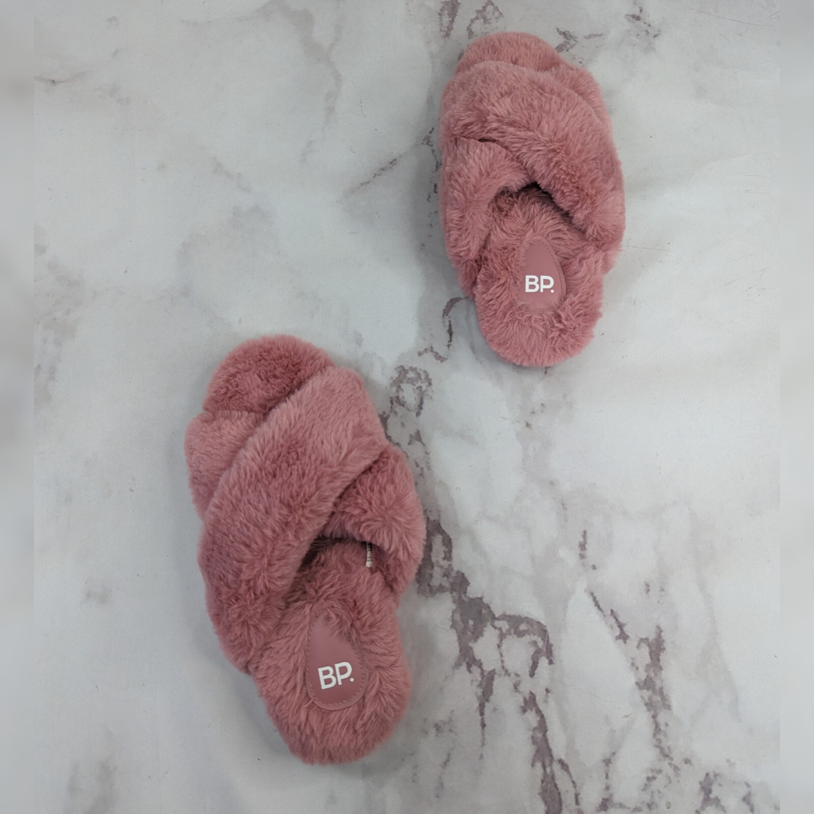 BP Slippers Women 7 8 Pink Faux Fur Ultra Padded Cross Cross Open Toed Sophie