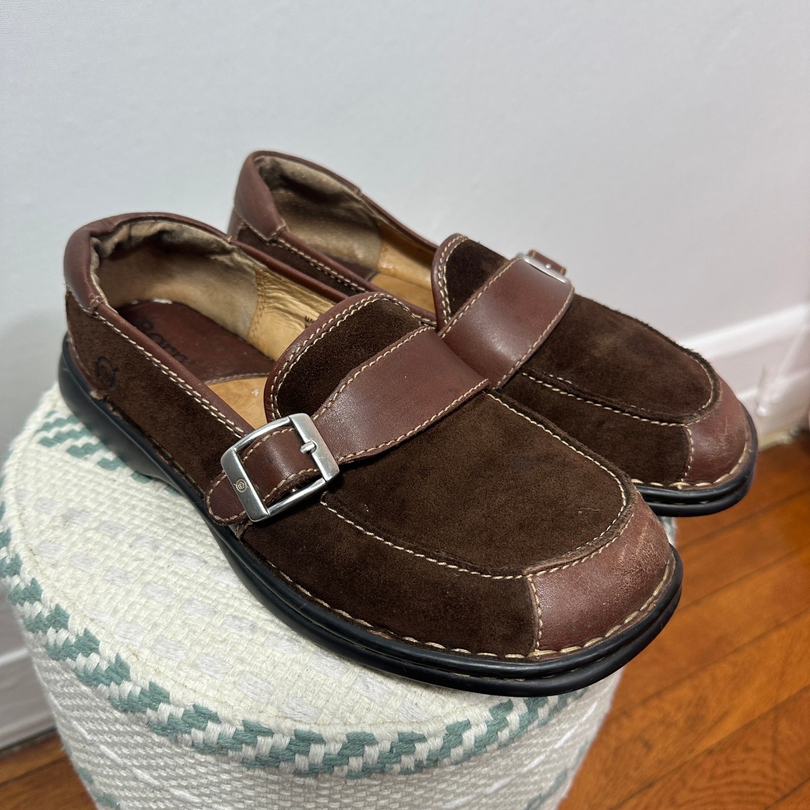 Born Leather Suede Buckle Loafers Brown Comfort Slip On Casual Shoes 8 M