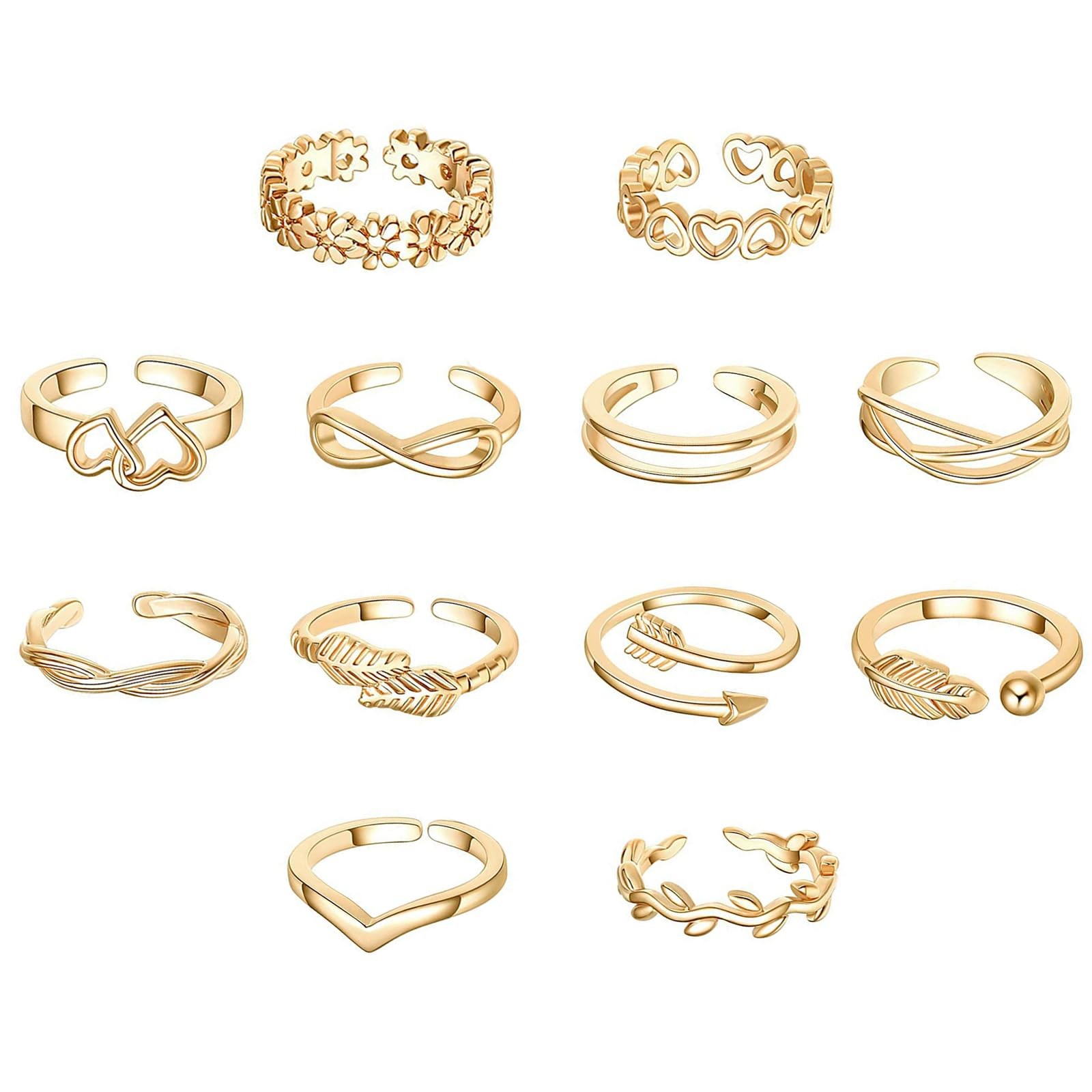 KONPJE 12PCS Toe Rings for Women 14K Gold/Silver Plated Adjustable, Gold