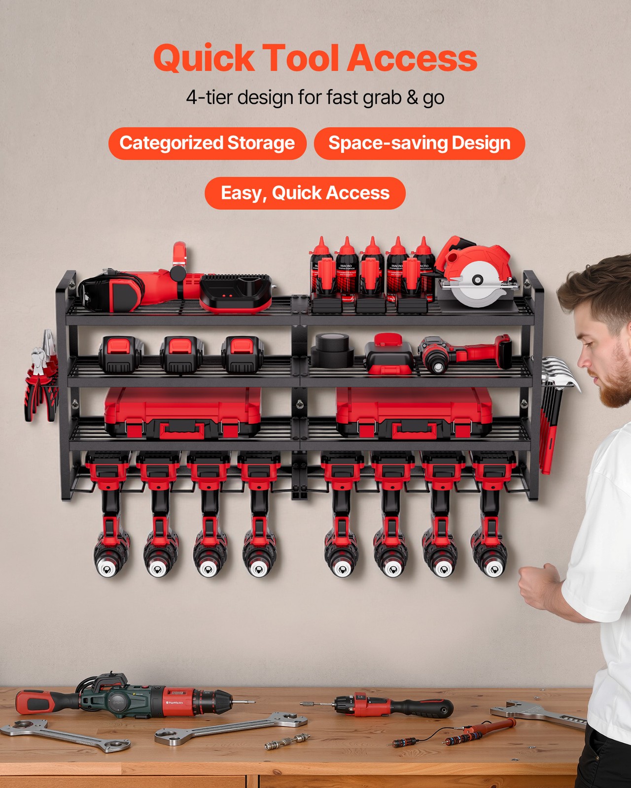 VEVOR Power Tool Organizer Wall Mount 4-Layer Tool Storage Rack 8 Drill Holders