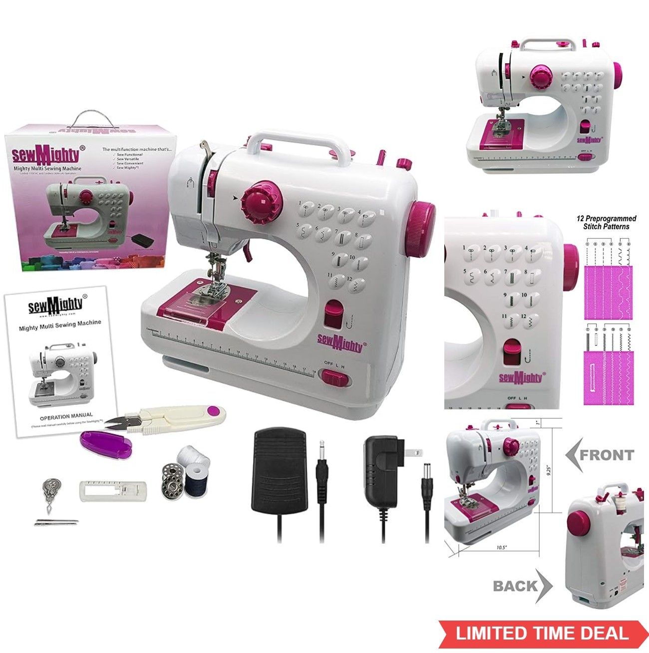 Mini Sewing Machine Portable AC Battery Powered 12 Stitch Patterns Dual Speed