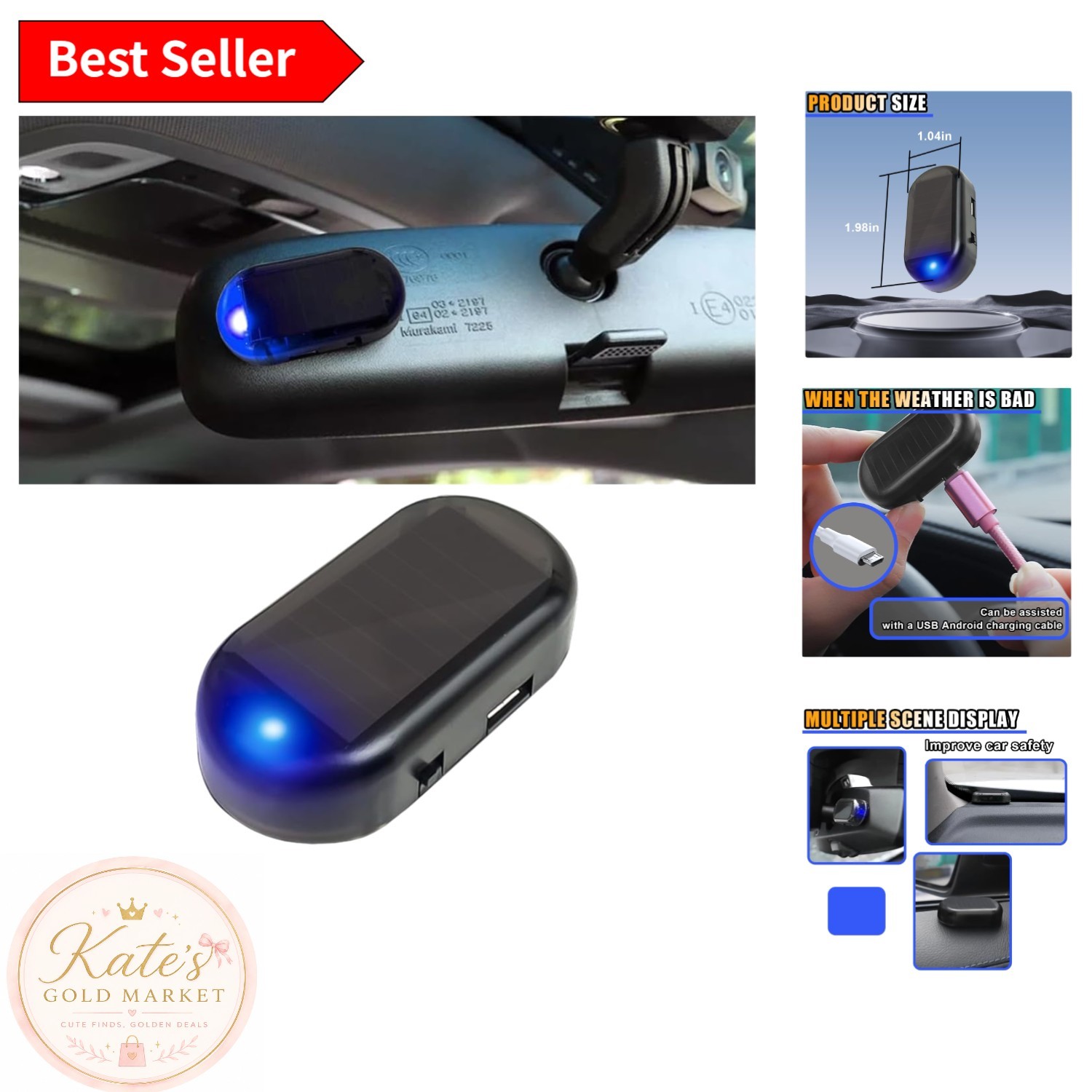 Flashing LED Warning Light for Cars - Solar-Powered Anti-Theft Protection, Blue