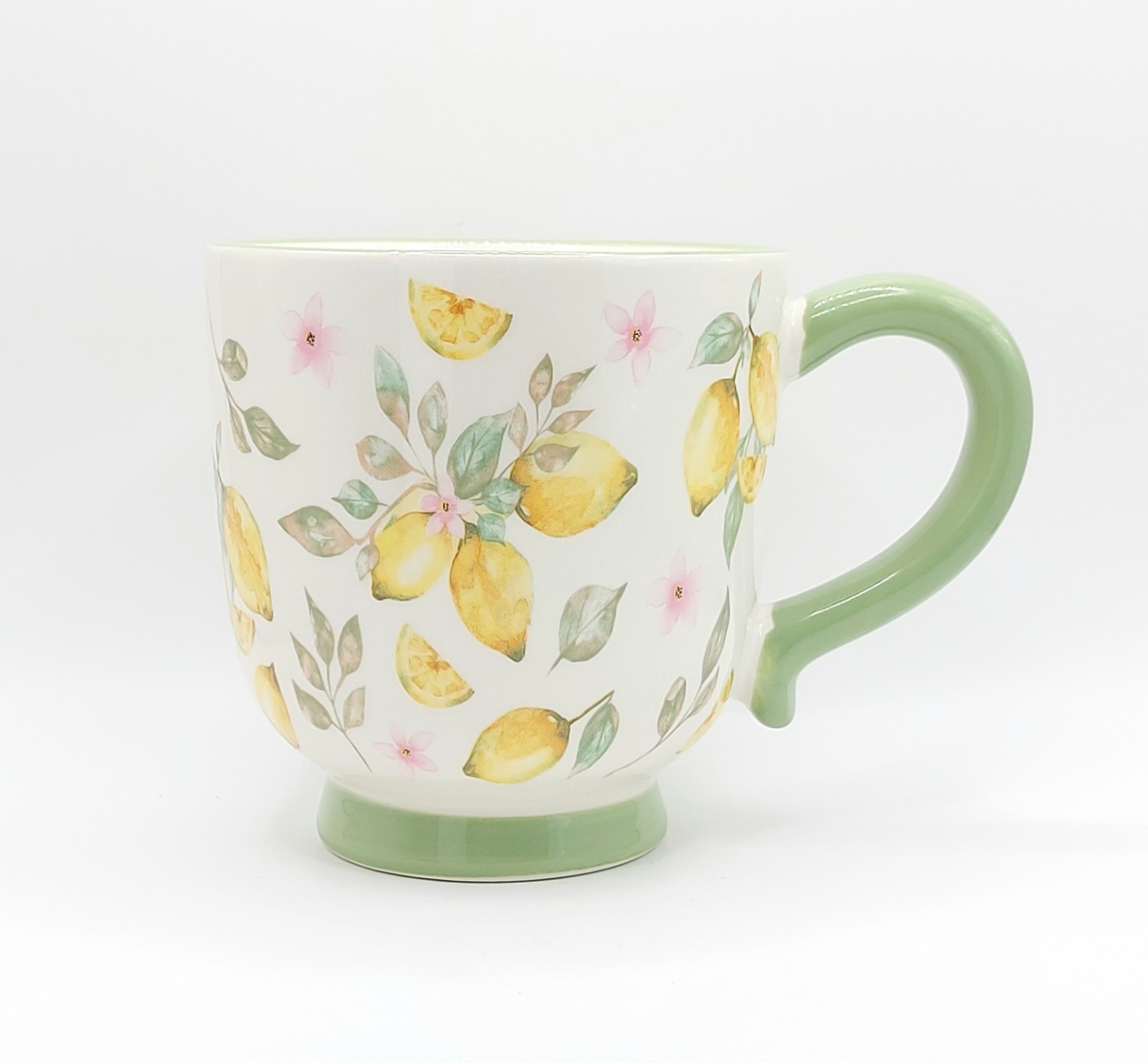 Lemons & Pink Flowers Coffee Mug 14 Oz Ceramic, Spring Cup By Potter’s Studio