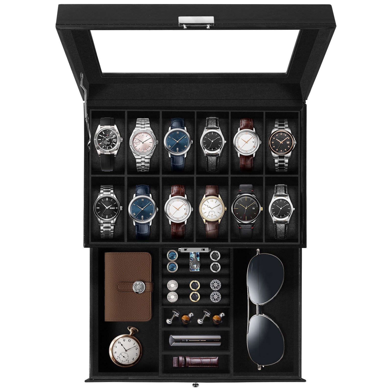 12 Slots Watch Box PU Leather Watch Case Lockable Jewelry Storage Display Case