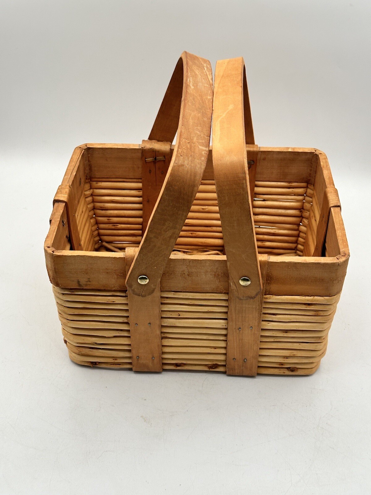 Vintage Woven Wood Gathering Basket With Folding Handles