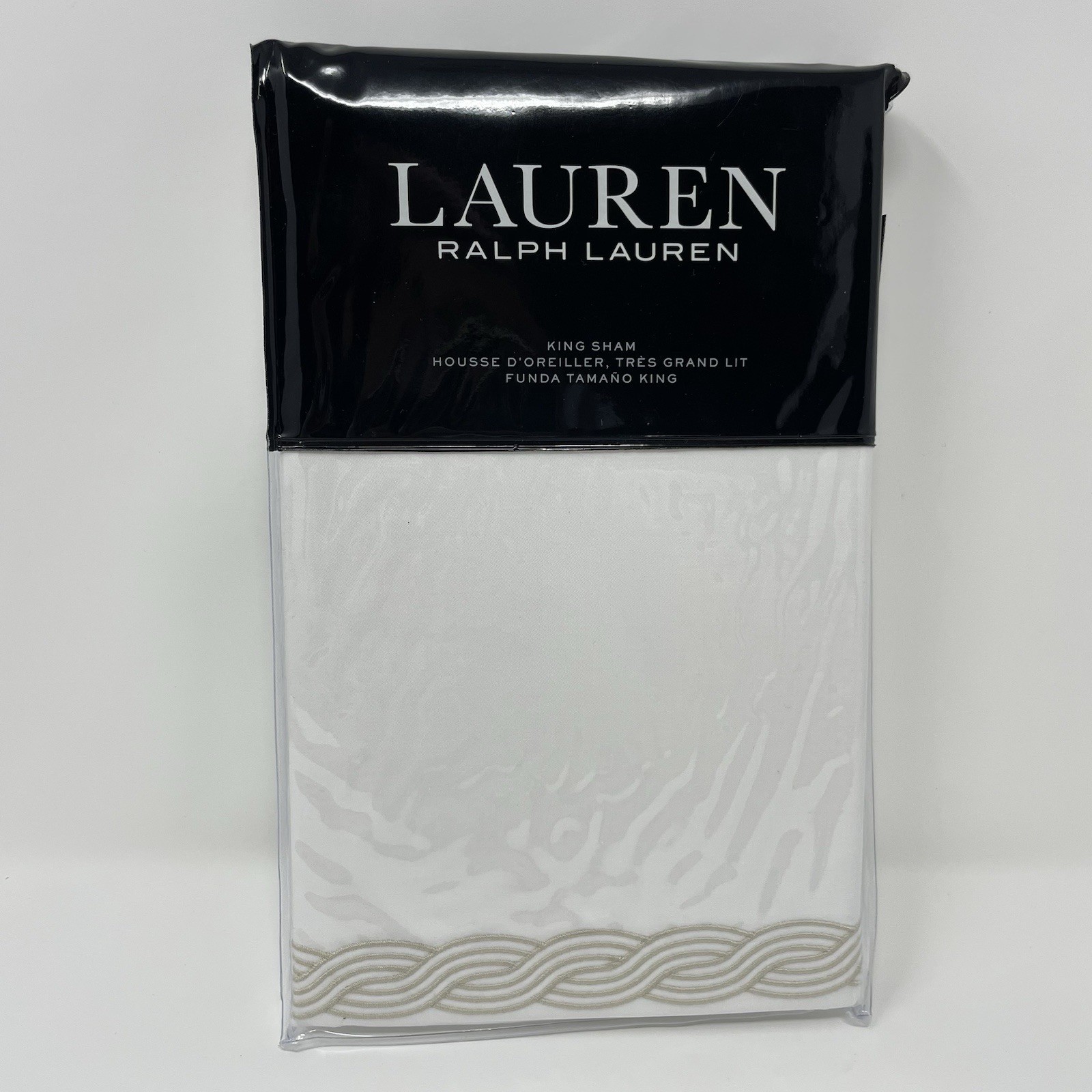 Lauren Ralph Lauren KING Sham Spencer Cable Embroidery Border, Flax 100% Cotton