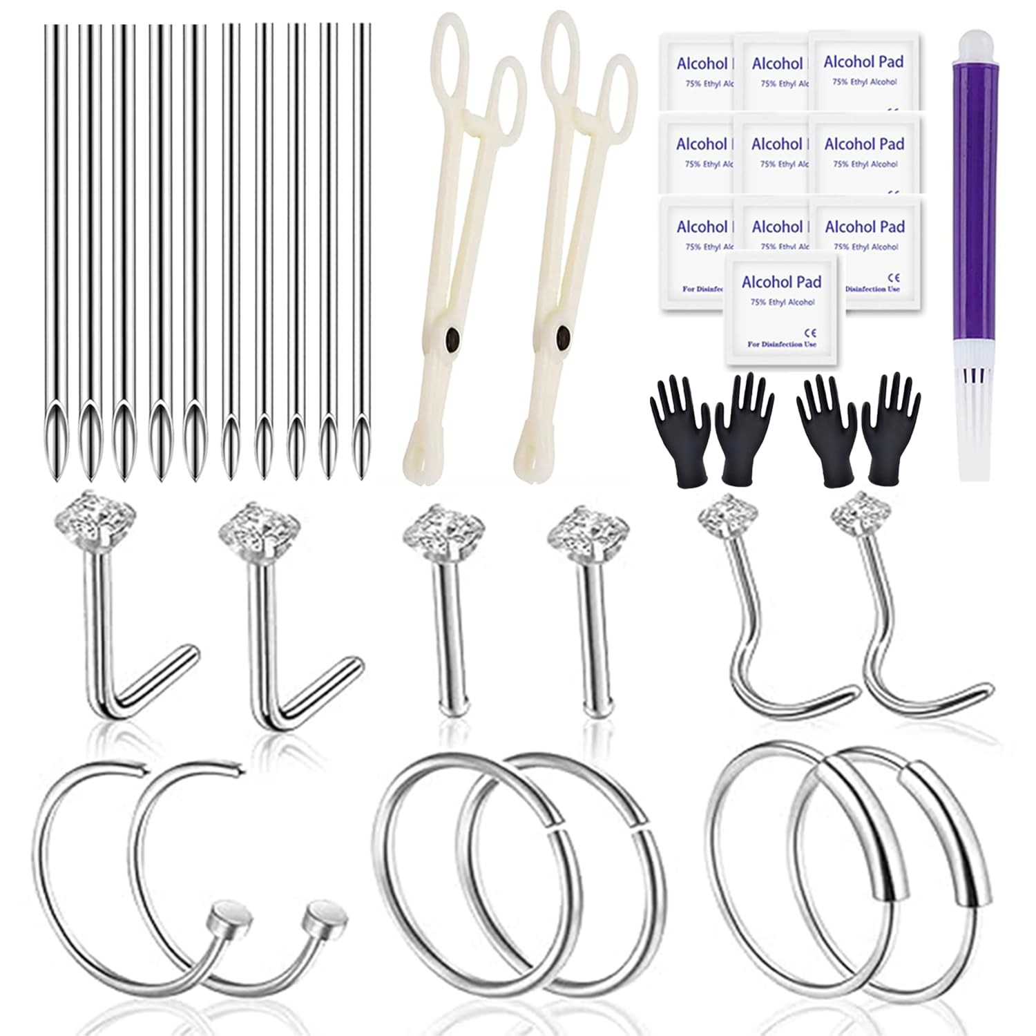 Yugui Nose Piercing Kit 20G Septum Rings, Needle Kit, Silver