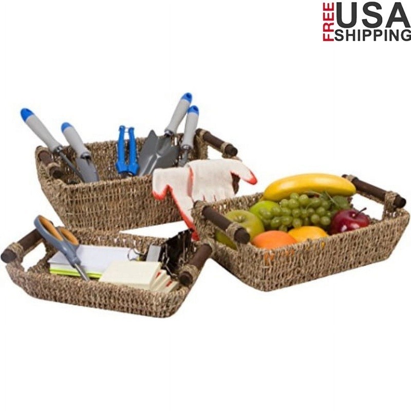 Seagrass Storage Baskets Set of 3 W/ Wood Handles Home Organization Decor New