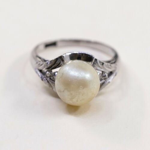 Sz 6.25, Vtg Sterling Silver Handmade Ring w/ Golden Faux Pearl, Stamped 925