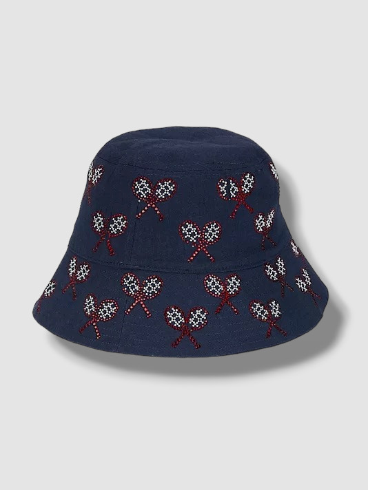 $495 Libertine Women's Blue Silk Cashmere Rhinestone Tennis Bucket Hat O/S