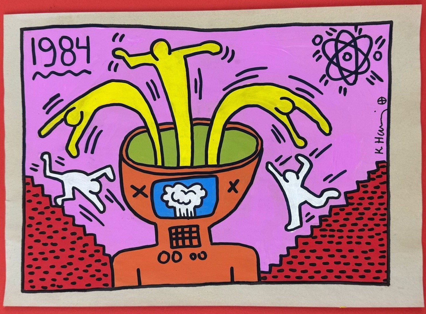 Keith Haring (Handmade) Mixed Media on Paper Painting signed and stamped