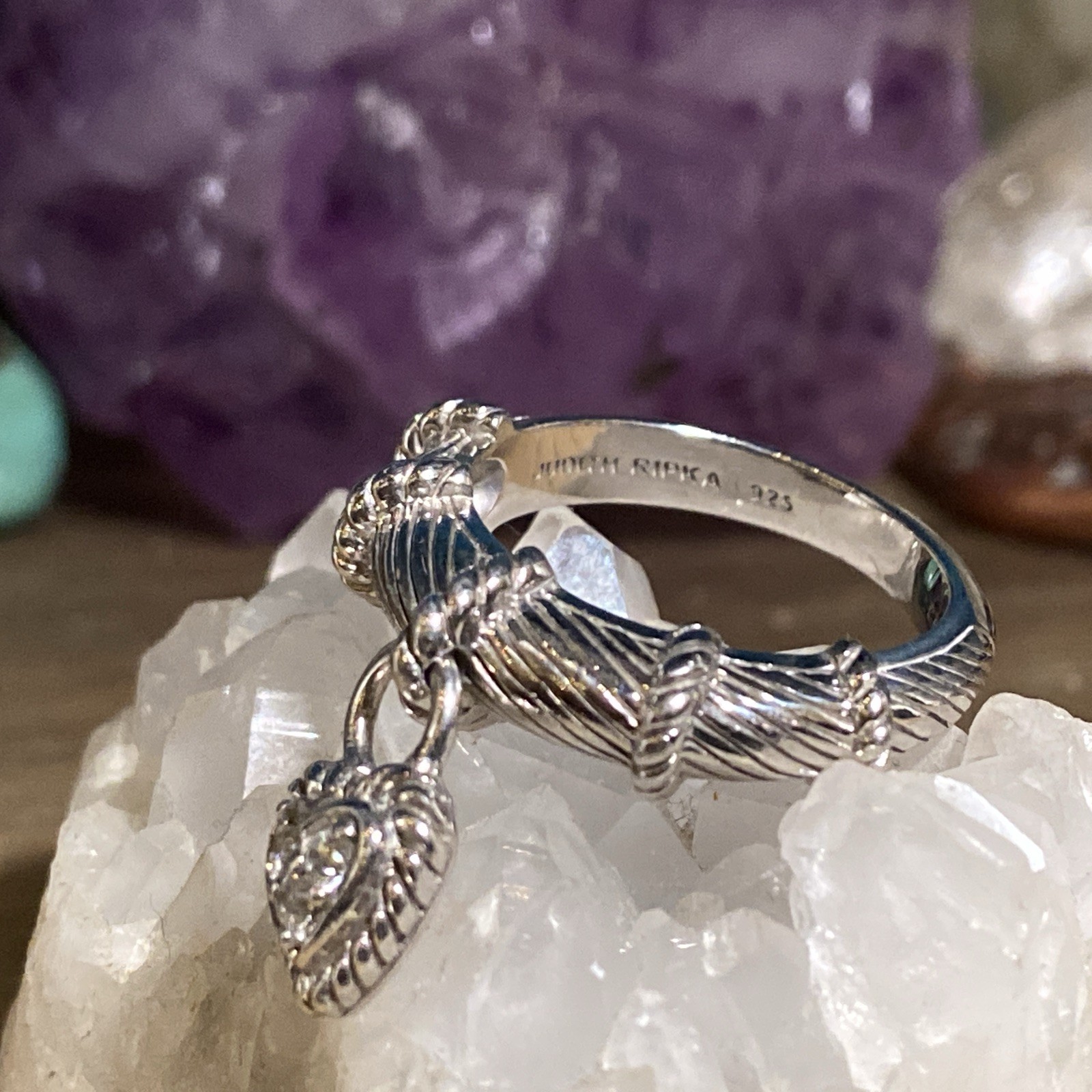 Judith Ripka Sterling Silver 925 Ring CZ Heart Charm Dangle Sz 7 AN425-31 M