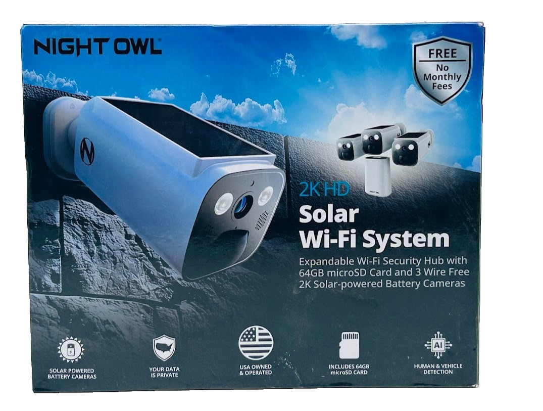 Night Owl 2K 64GB Hub Recorder Security System w/ 3 Battery Solar Cameras
