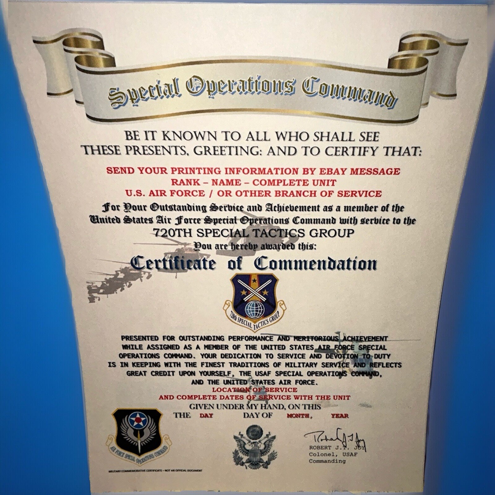 U.S.A.F. / SPC OPS - 720TH SPECIAL TACTICS GROUP - CERTIFICATE OF COMMENDATION