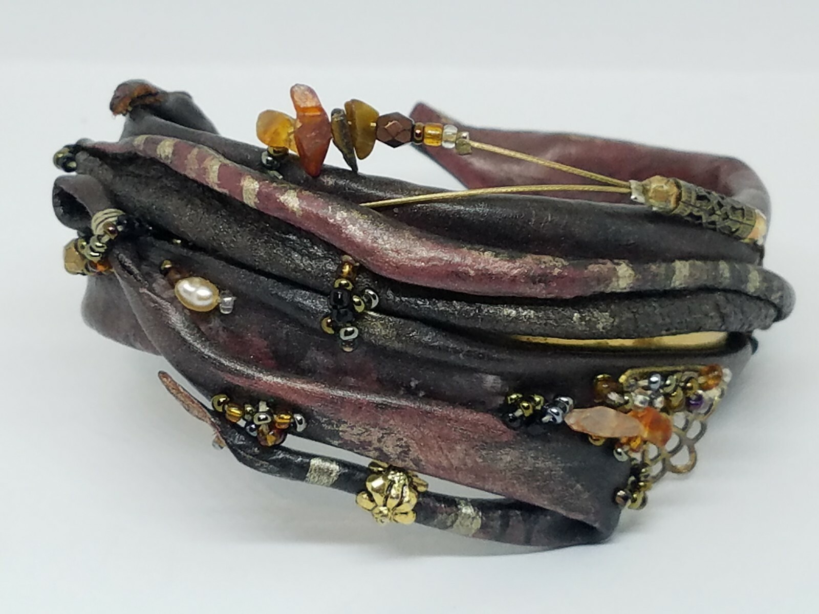 Artisan Modernist Leather Cuff Bracelet Signed