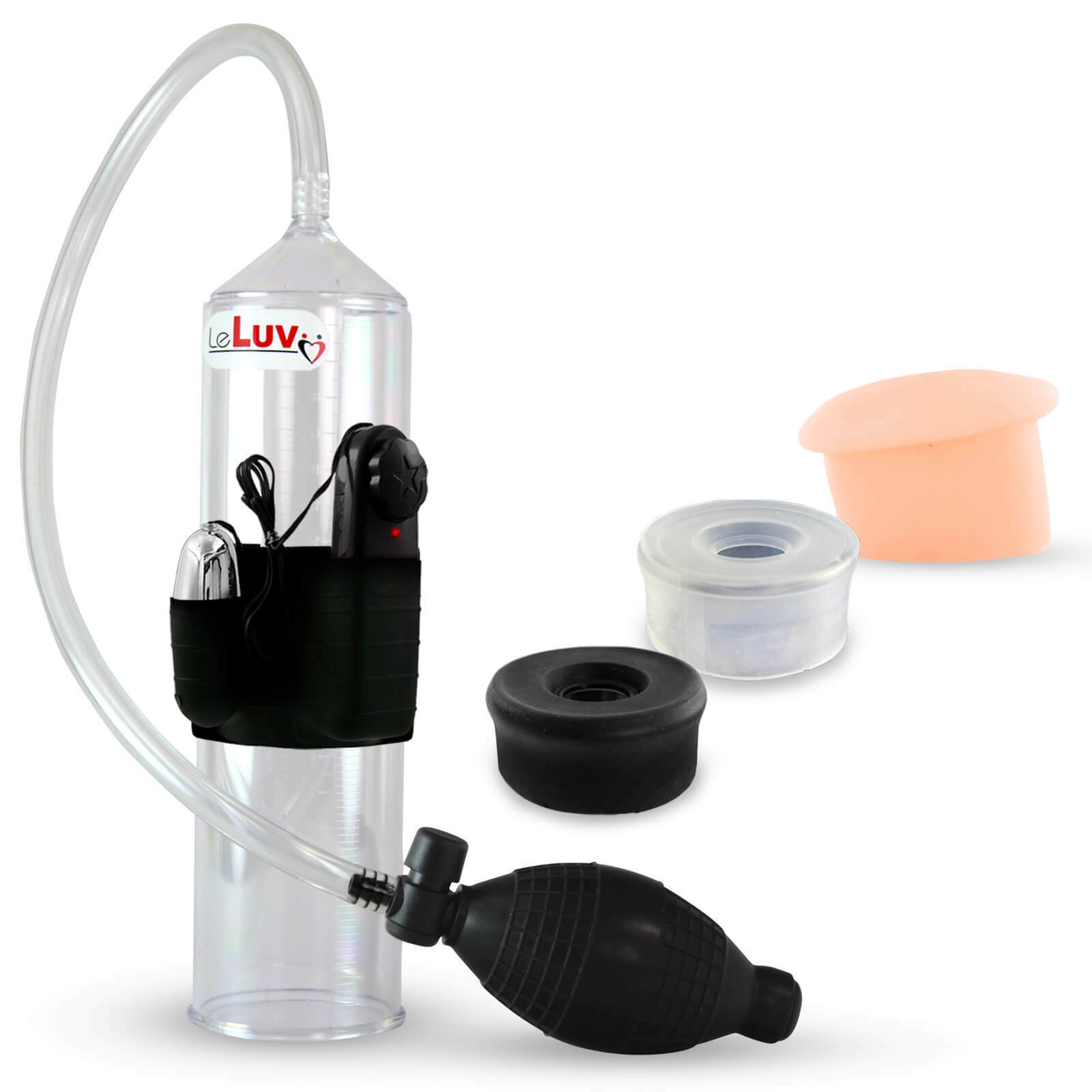 LeLuv Vibrating Penis Pump EasyOp Bgrip with Black, Clear, and Donut Seals