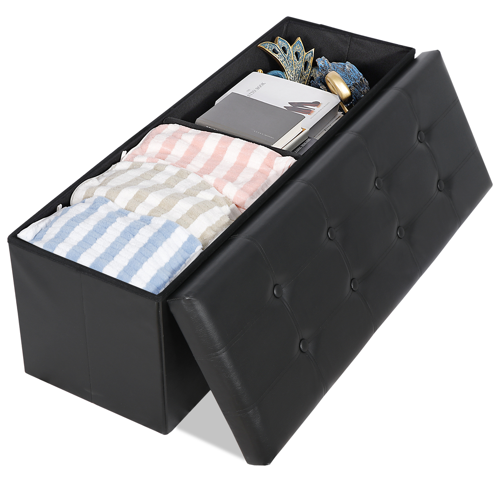 43'' Storage Ottoman Bench PVC Leather Foldable Footrest Stool w/ Divider Black