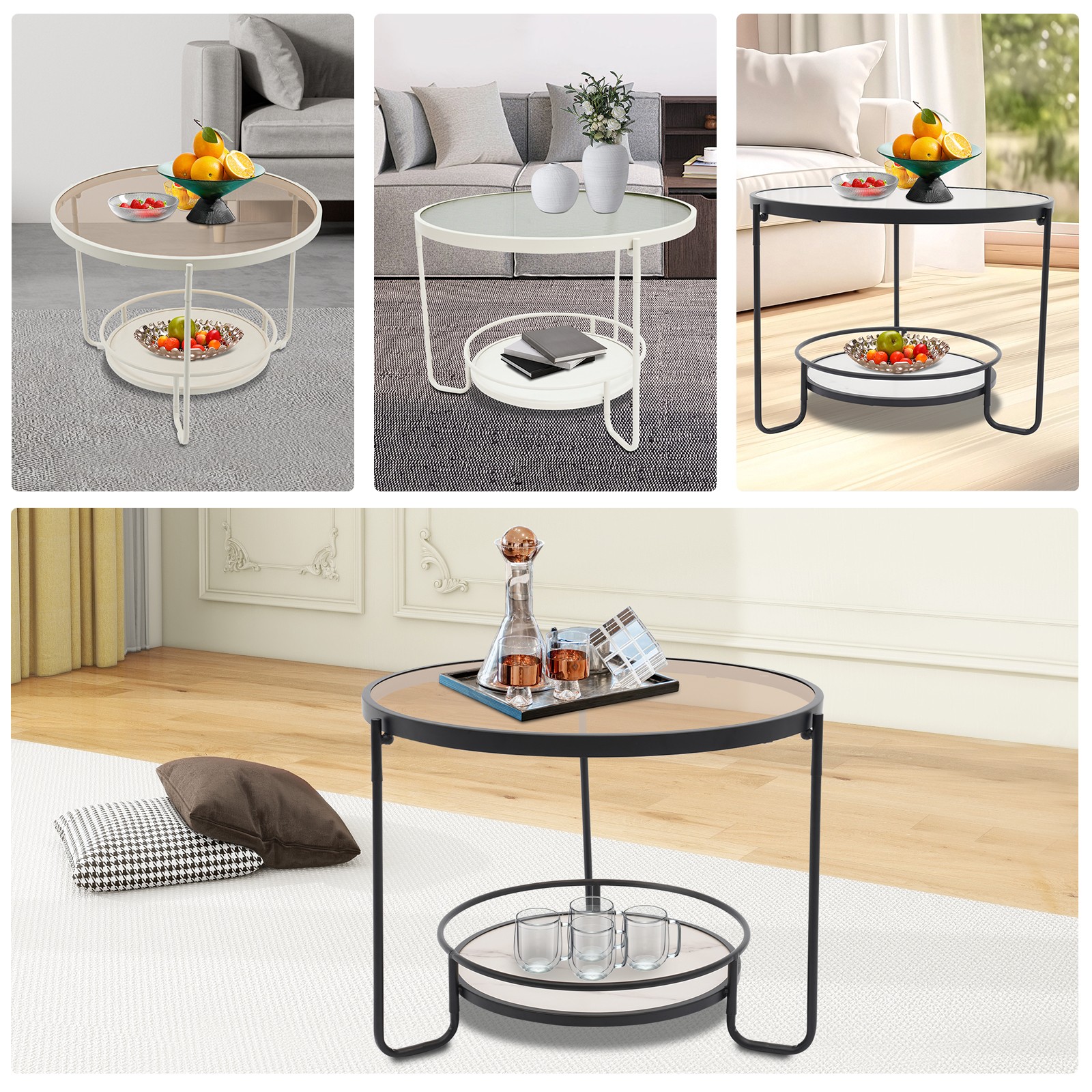 Modern Round 2-Tier Side Table - Black/White& Teal/Clear, Tempered Glass 60/40cm