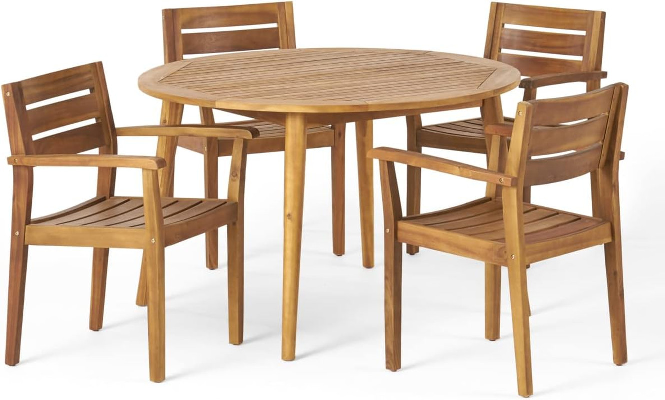 Keth Outdoor 5 Piece Acacia Wood Dining Set, Teak Finish
