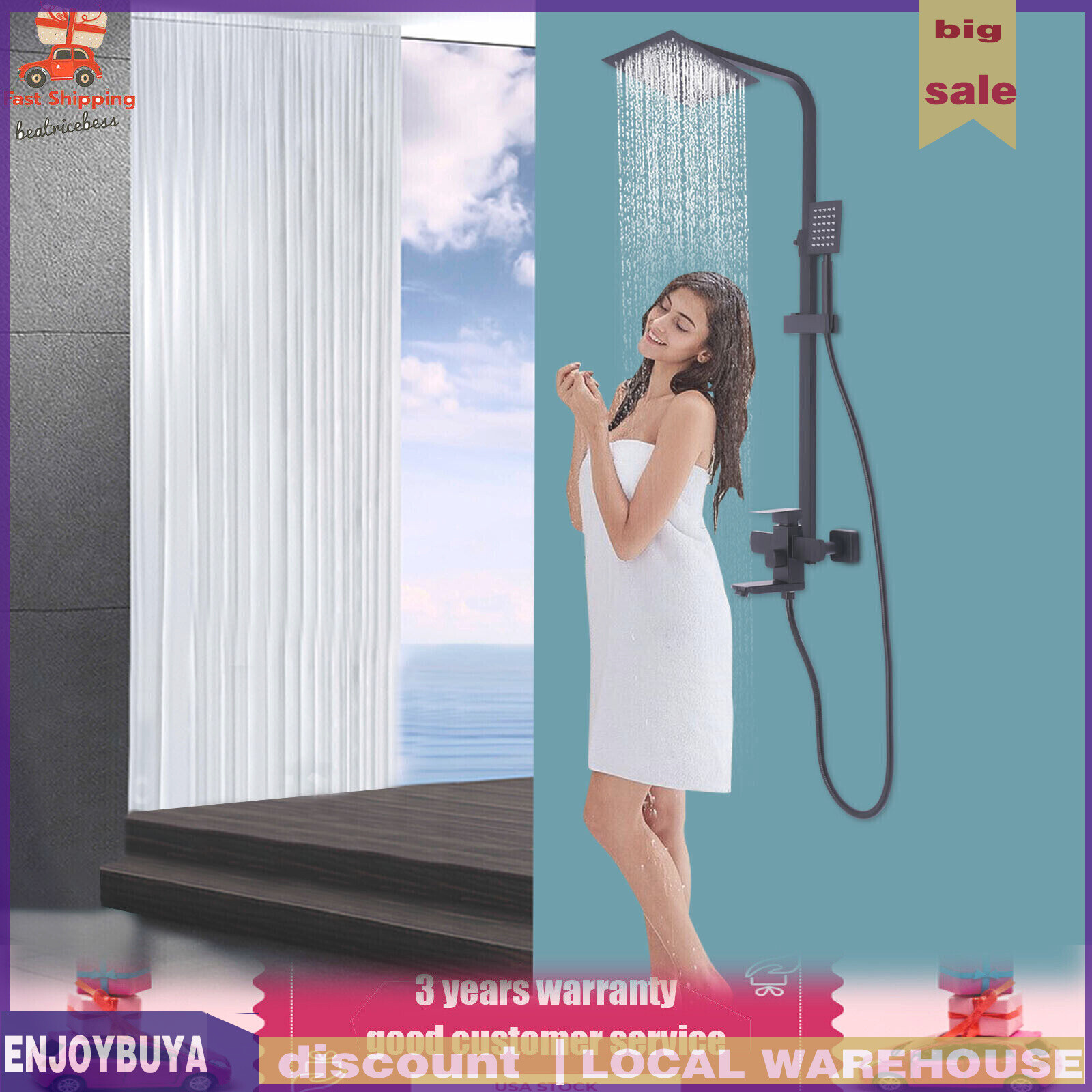 Shower Faucet Set System Rainfall Shower Head Handle Combo Kit Wall Mount Black