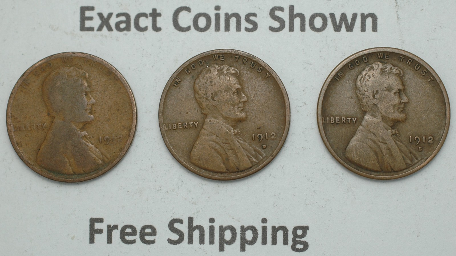 1912 P 1912-D 1912-S Lincoln Wheat Copper Cents Set of 3 Coins Free Shipping