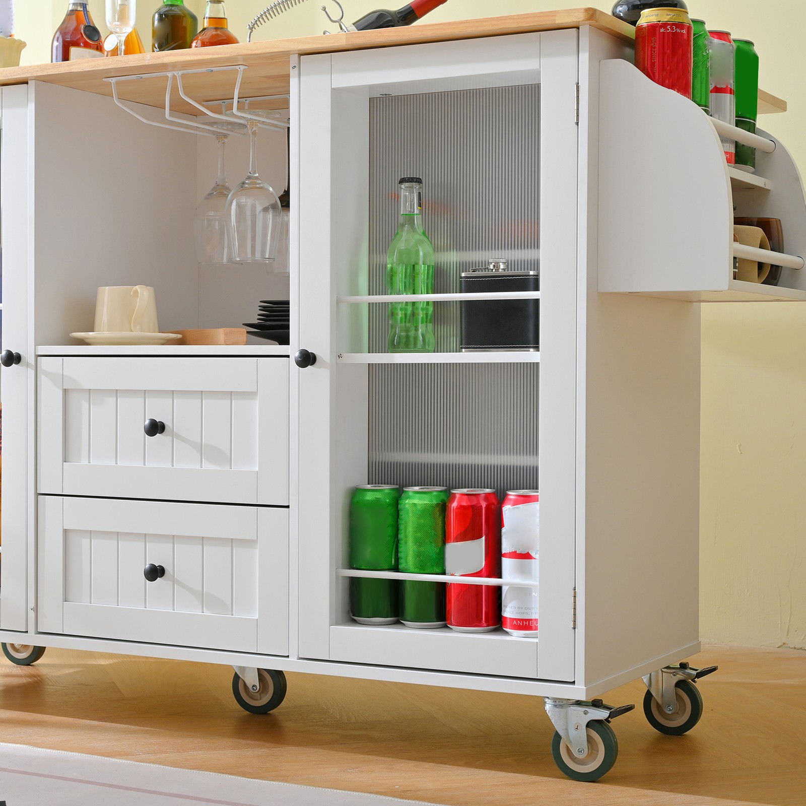 Kitchen Island Cart Rolling On Wheels with 13 Storage Areas Drop Leaf Bar