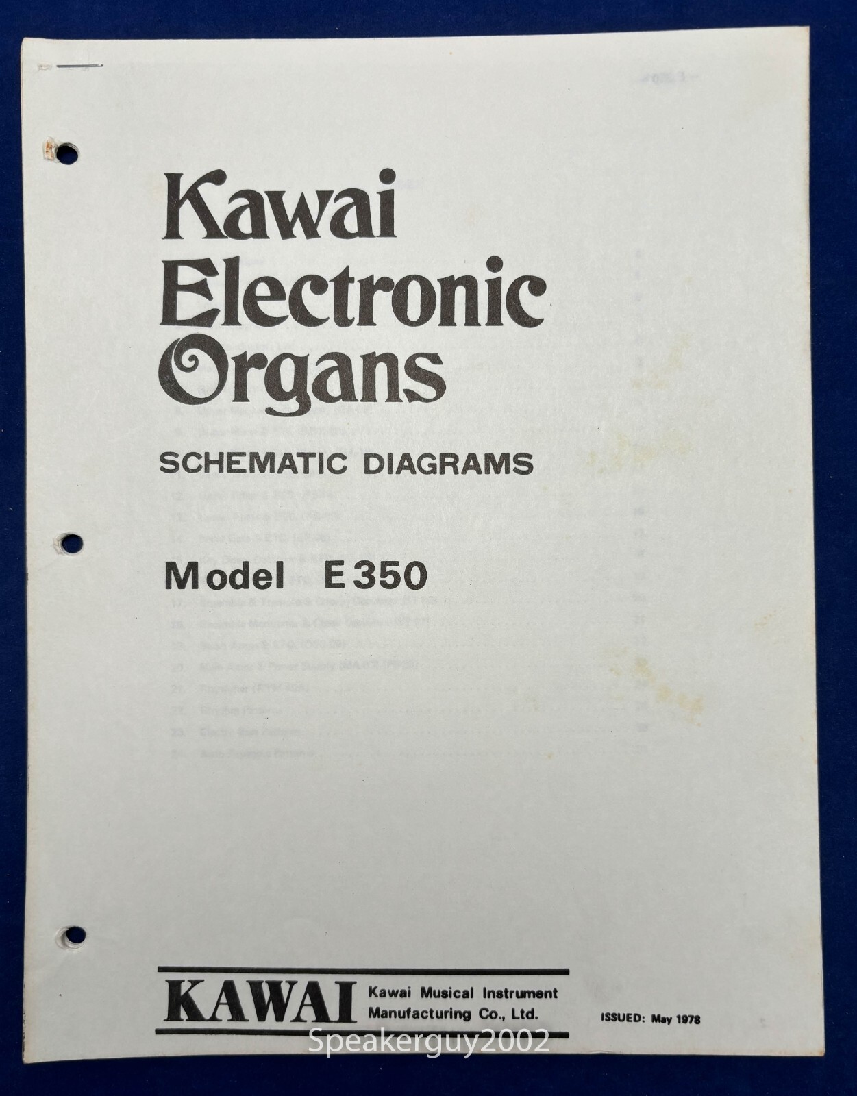 Original Kawai Electronic Organ Schematic Diagrams Manual / E350