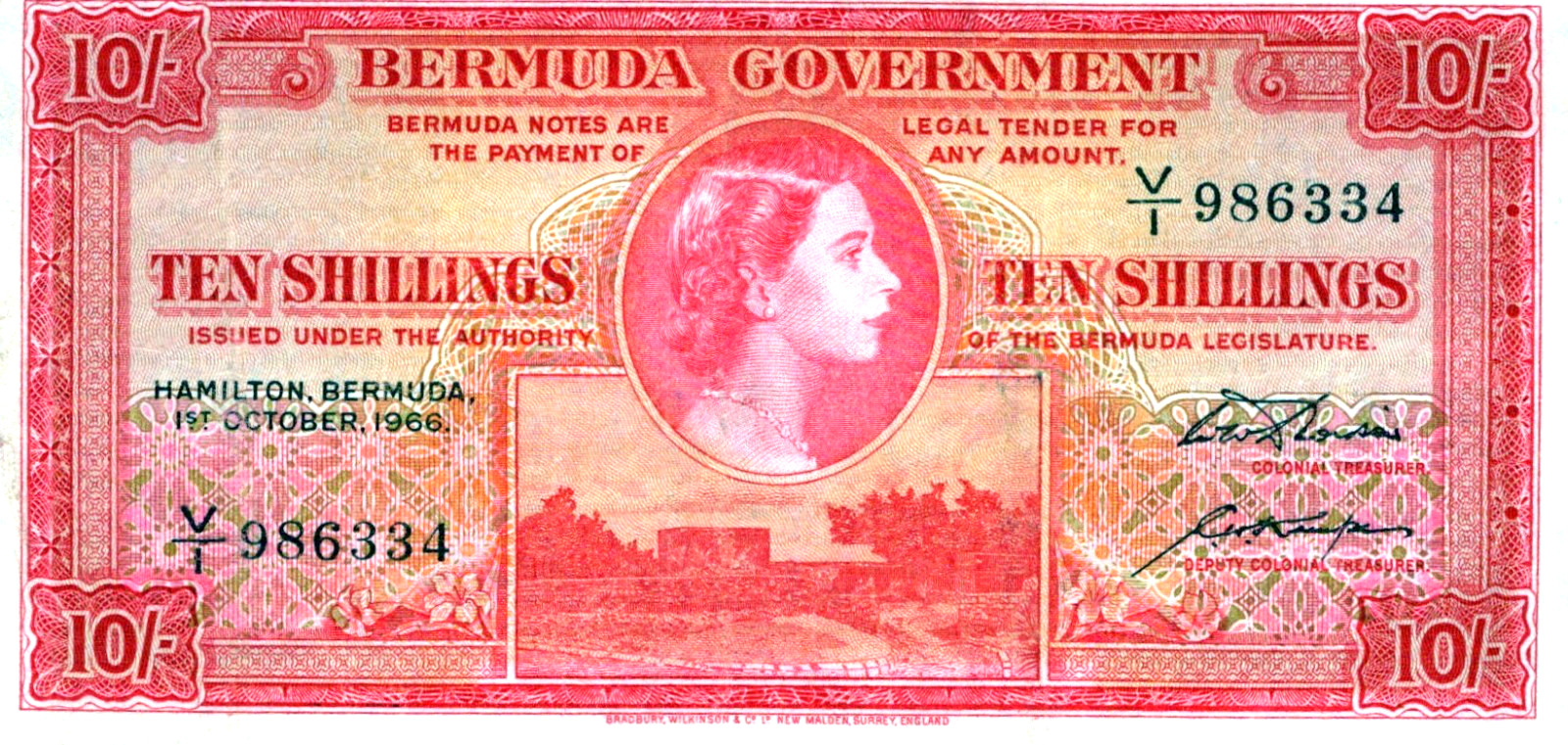 Bermuda 10 Shillings 1966 Pick # 19c CVF-XF