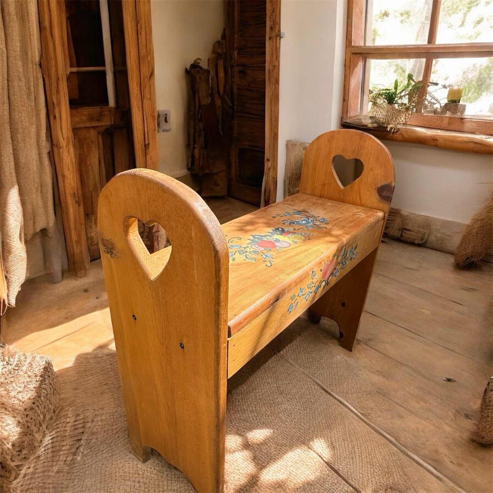 Antique Wooden Rectangle Brown Bench with Heart Cutouts Floral Carvings