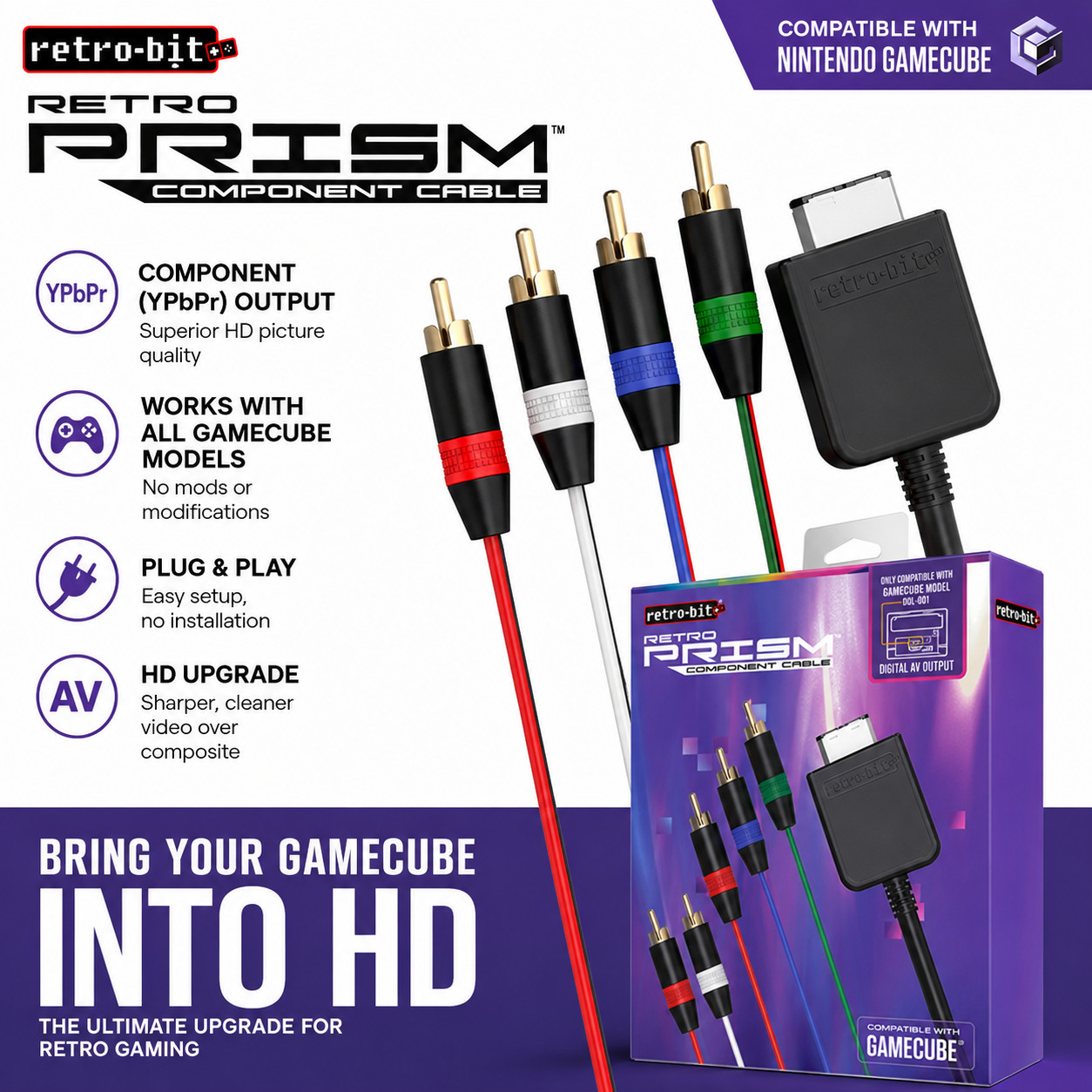 Retro-Bit Prism Component Cable GameCube DOL-001 HD Component YPbPr NEW