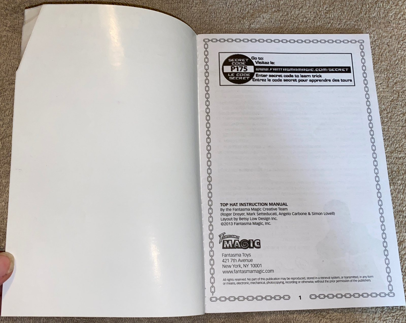 Top Hat Fantasma Magic Replacement Instructional Booklet
