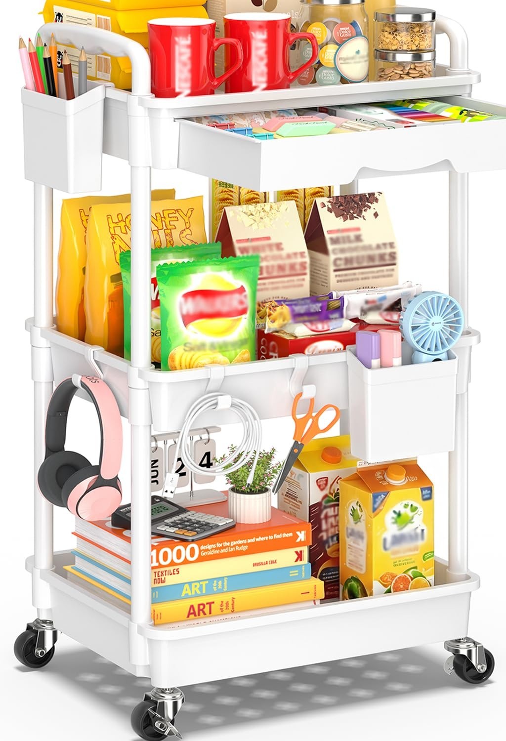 3 Tier Rolling Storage Cart with Drawer, Lockable Wheels, Bathroom & Kitchen Org