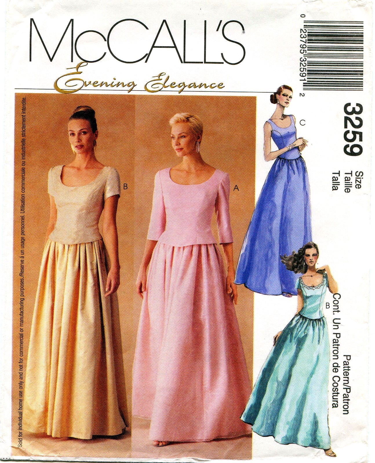 McCalls 3259 Evening Formal Prom Misses Tops & Skirt Sewing Pattern Uncut