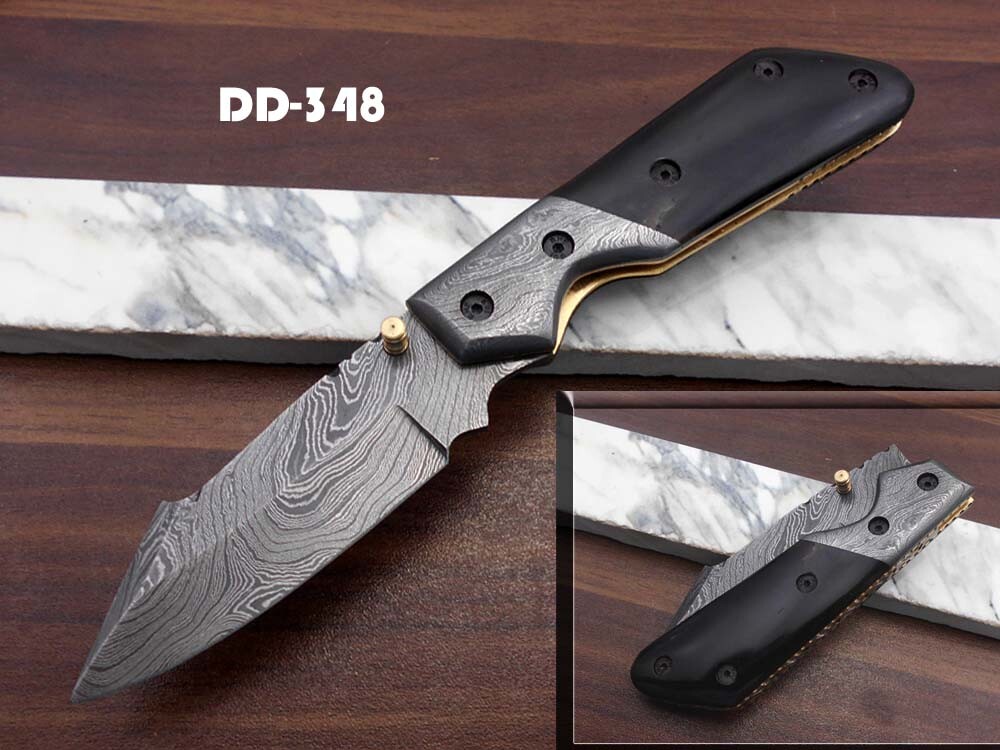Damascus steel folding knife, Pocket clip, Bull horn, Thumb knob, Cow sheat6