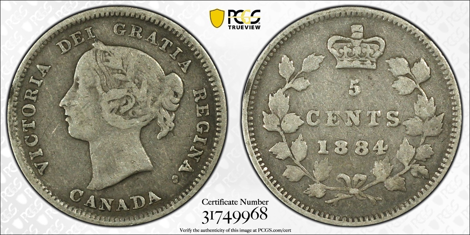 1884 Canada 5 cents silver PCGS VF25 Near Pointed 4