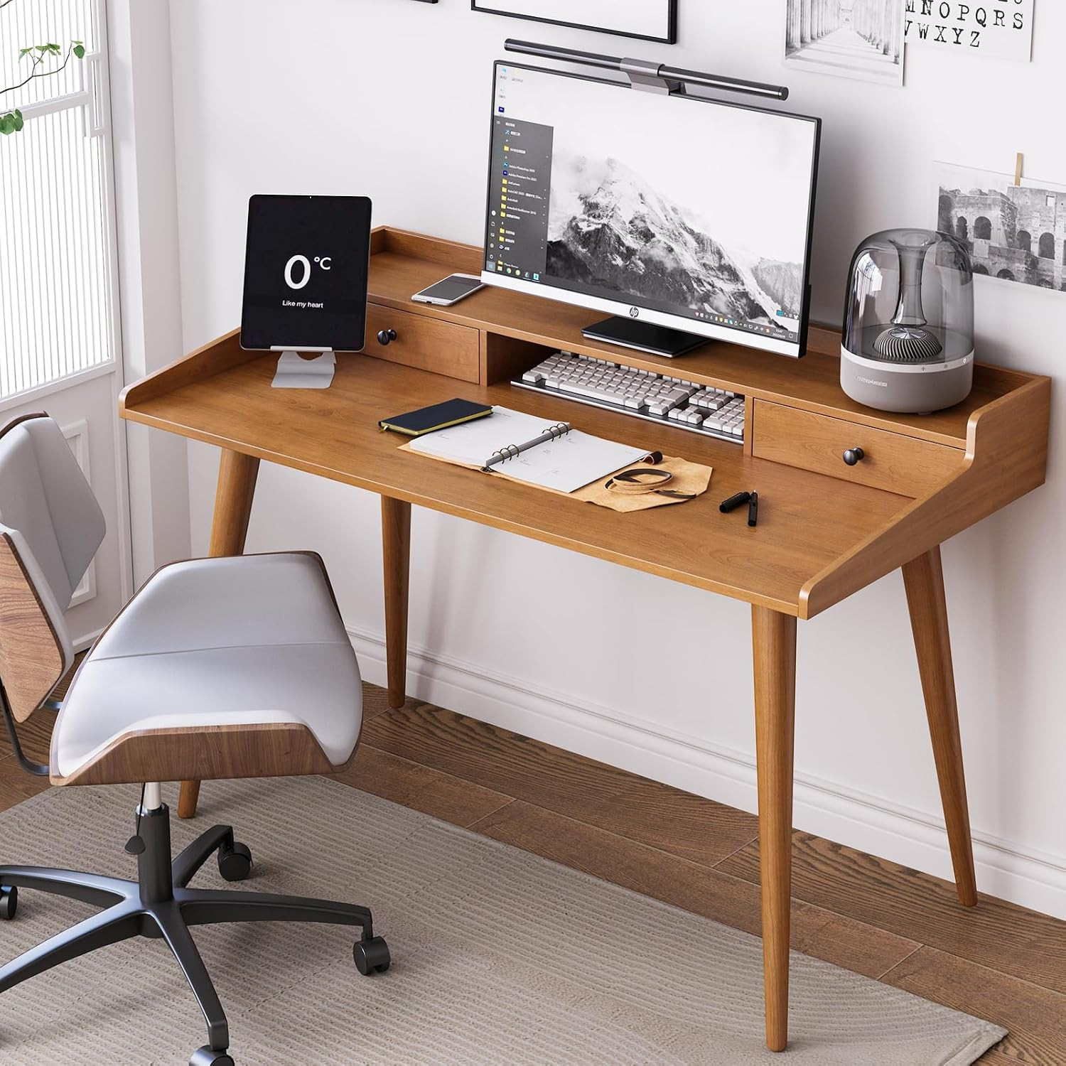 Mid Century Modern Desk, 51" Wood Home Office Writing Computer or Laptop Desk wi
